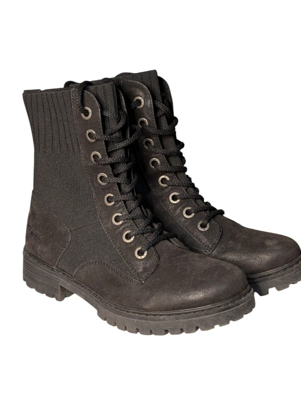 Blowfish Malibu Reilly Black Knit Cuff Combat Boots Vegan Leather size 8.5 moto